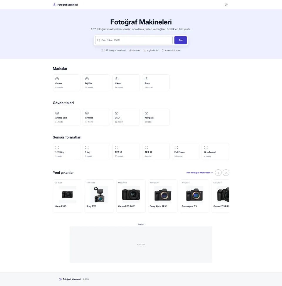 Desktop capture of the Fotoğraf Makinesi home page, from top to bottom