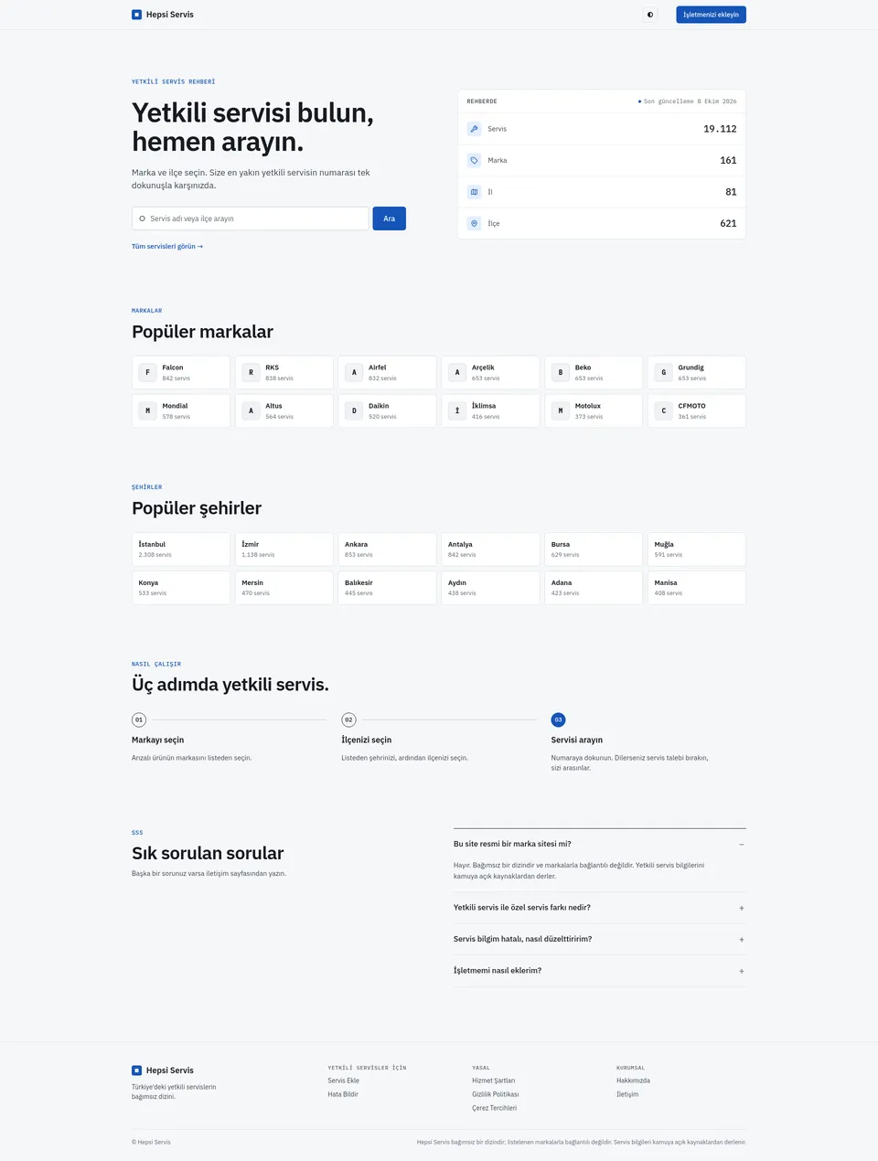 Desktop capture of the Hepsi Servis home page, from top to bottom